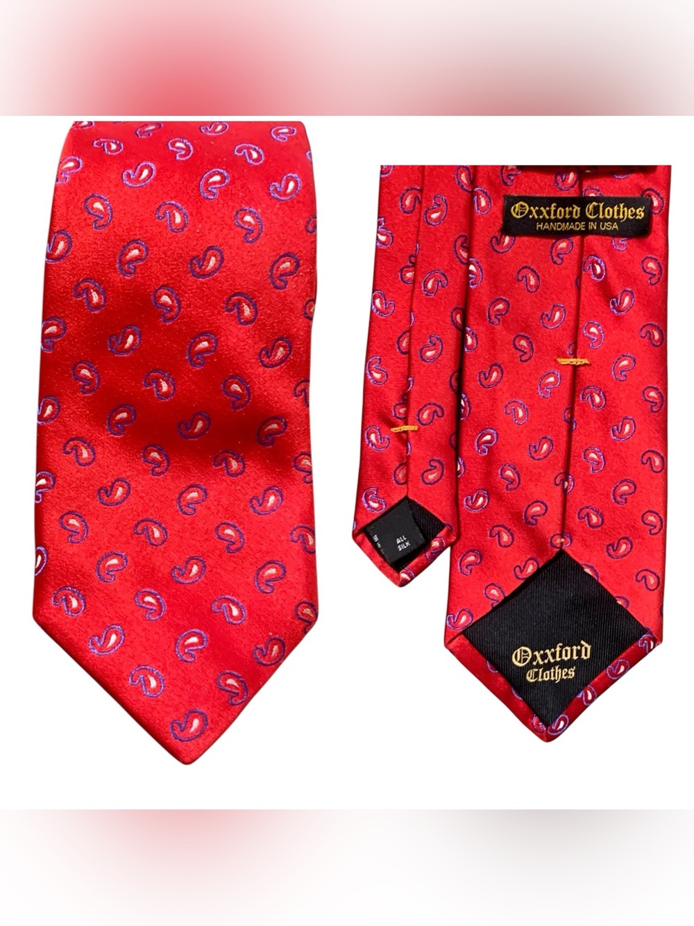 Oxxford Men’s Necktie 100% Silk Red White Blue Paisley Pattern 60”L, 3 1/16”W